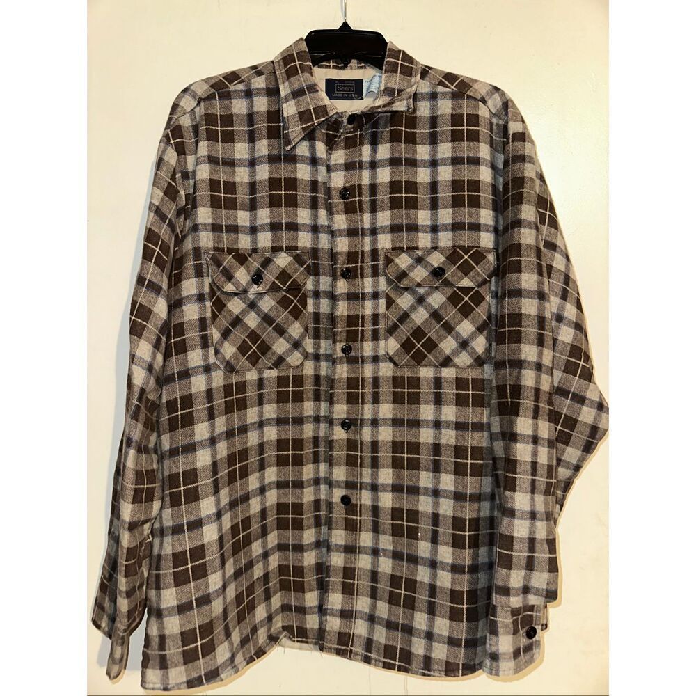 Vintage Sears Shirt Mens XL Brown Tan Plaid Perma Prest Quilted Flannel USA